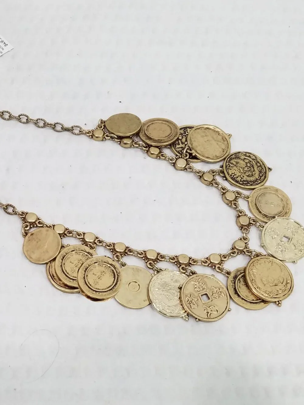 Vintage Signed Chico's Gypsy Style Gold Tone Asian Coins Bib Choker Necklace - Picture 2 of 5